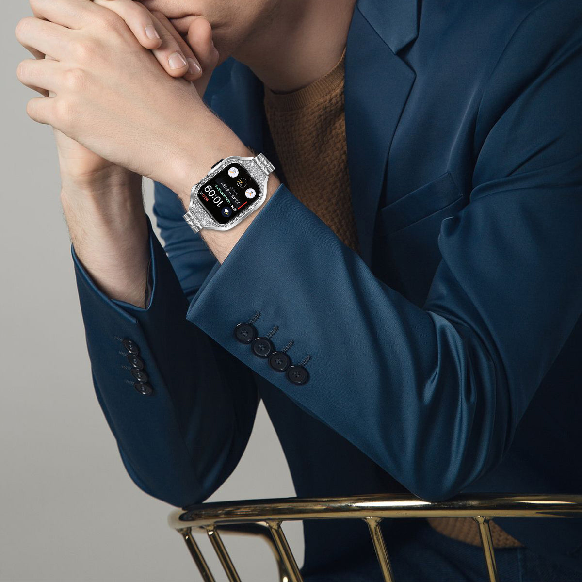 For Apple Watch Series 6  /  5  /  4  /  SE (2022)  /  SE (2023)  /  SE 40mm 7 Beads Stainless Steel Strap with Rhinestone Watch Case - Silver