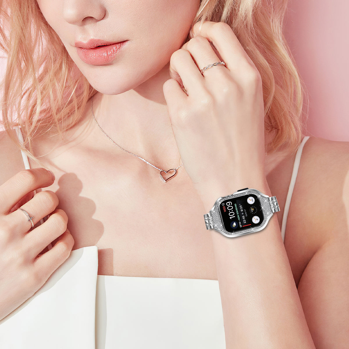 For Apple Watch Series 6  /  5  /  4  /  SE (2022)  /  SE (2023)  /  SE 40mm 7 Beads Stainless Steel Strap with Rhinestone Watch Case - Silver