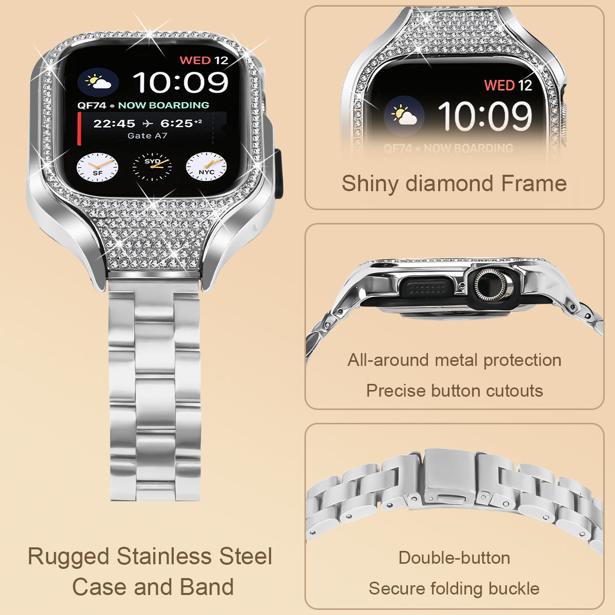 For Apple Watch Series 7 / 8 / 9 41mm Folding Buckle 3 Beads Stainless Steel Watch Strap with Watch Case - Silver