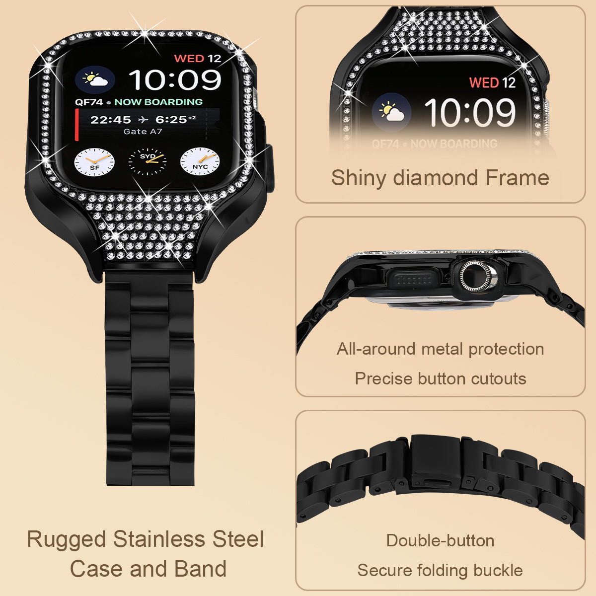 For Apple Watch Series 7 / 8 / 9 41mm Buckle Design Stainless Steel Watch Strap with Watch Case - Black