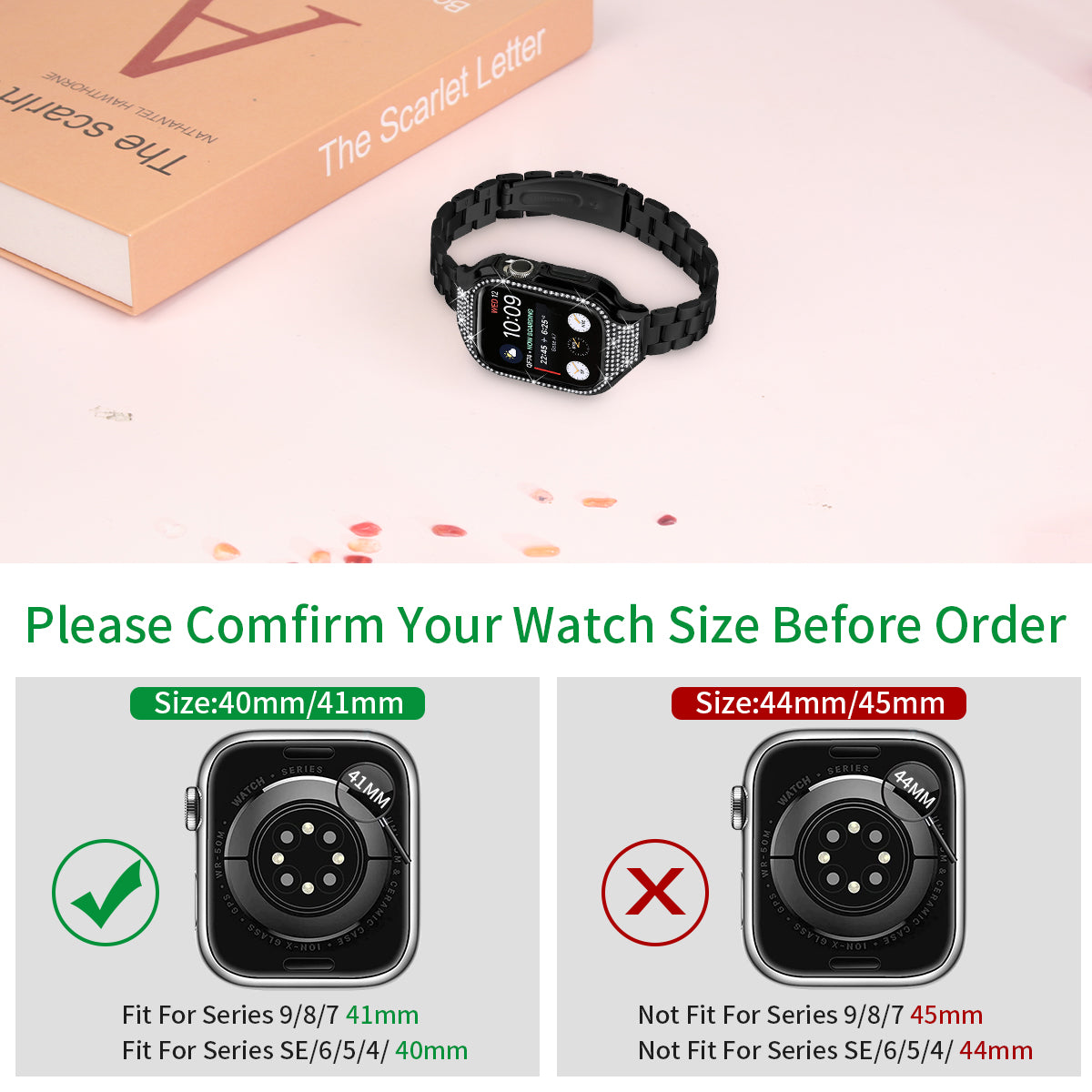 For Apple Watch Series 7 / 8 / 9 41mm Buckle Design Stainless Steel Watch Strap with Watch Case - Black