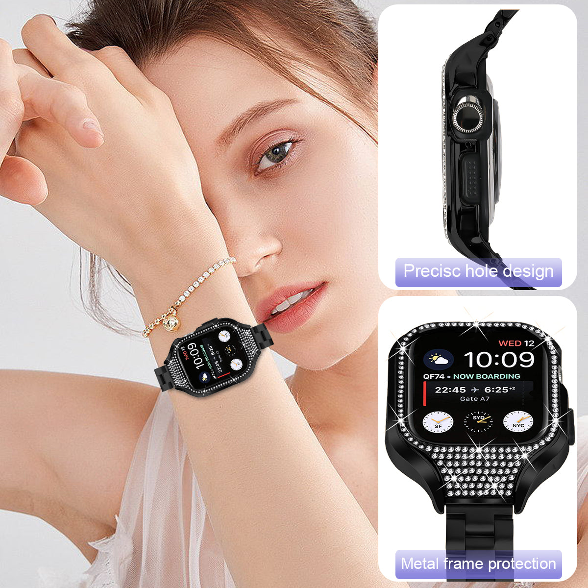 For Apple Watch Series 7 / 8 / 9 41mm Buckle Design Stainless Steel Watch Strap with Watch Case - Black