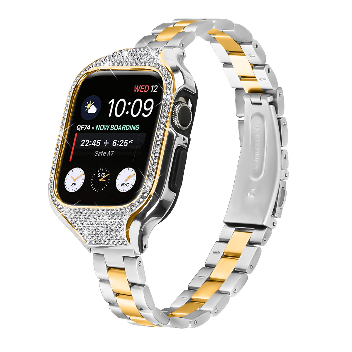 For Apple Watch Series 7 / 8 / 9 41mm Buckle Design Stainless Steel Watch Strap with Watch Case - Black
