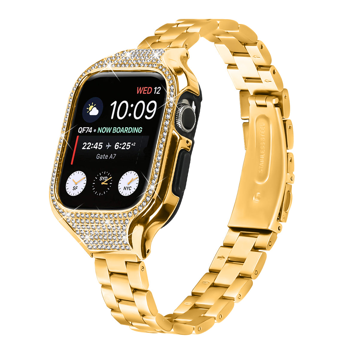 For Apple Watch Series 7 / 8 / 9 41mm Buckle Design Stainless Steel Watch Strap with Watch Case - Black