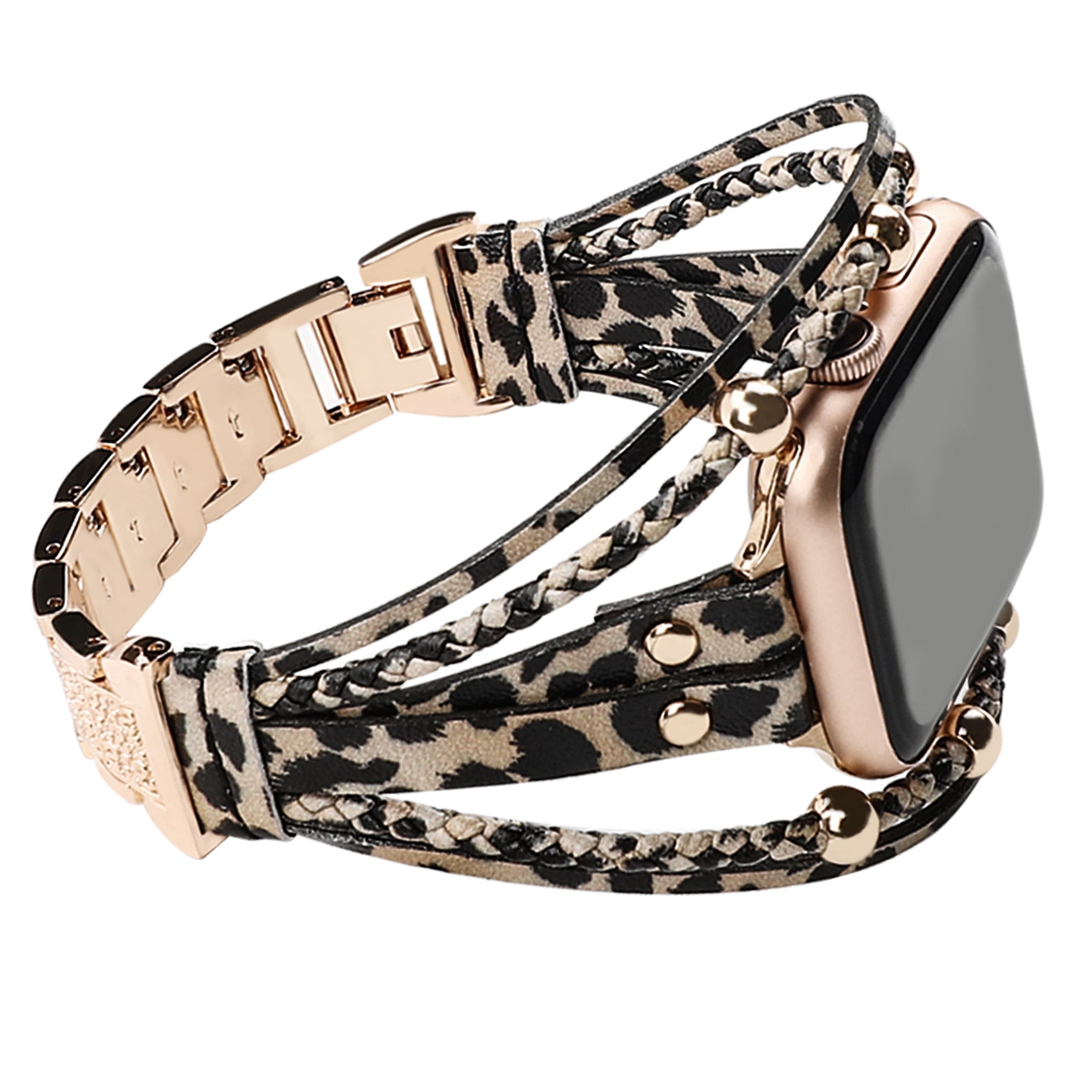 For Apple Watch Series Ultra 2 Ultra 49mm  /  9 8 7 45mm  /  6 5 4 SE SE(2022) SE(2023) 44mm  /  3 2 1 42mm Watch Strap - Leopard Rose Gold Bead