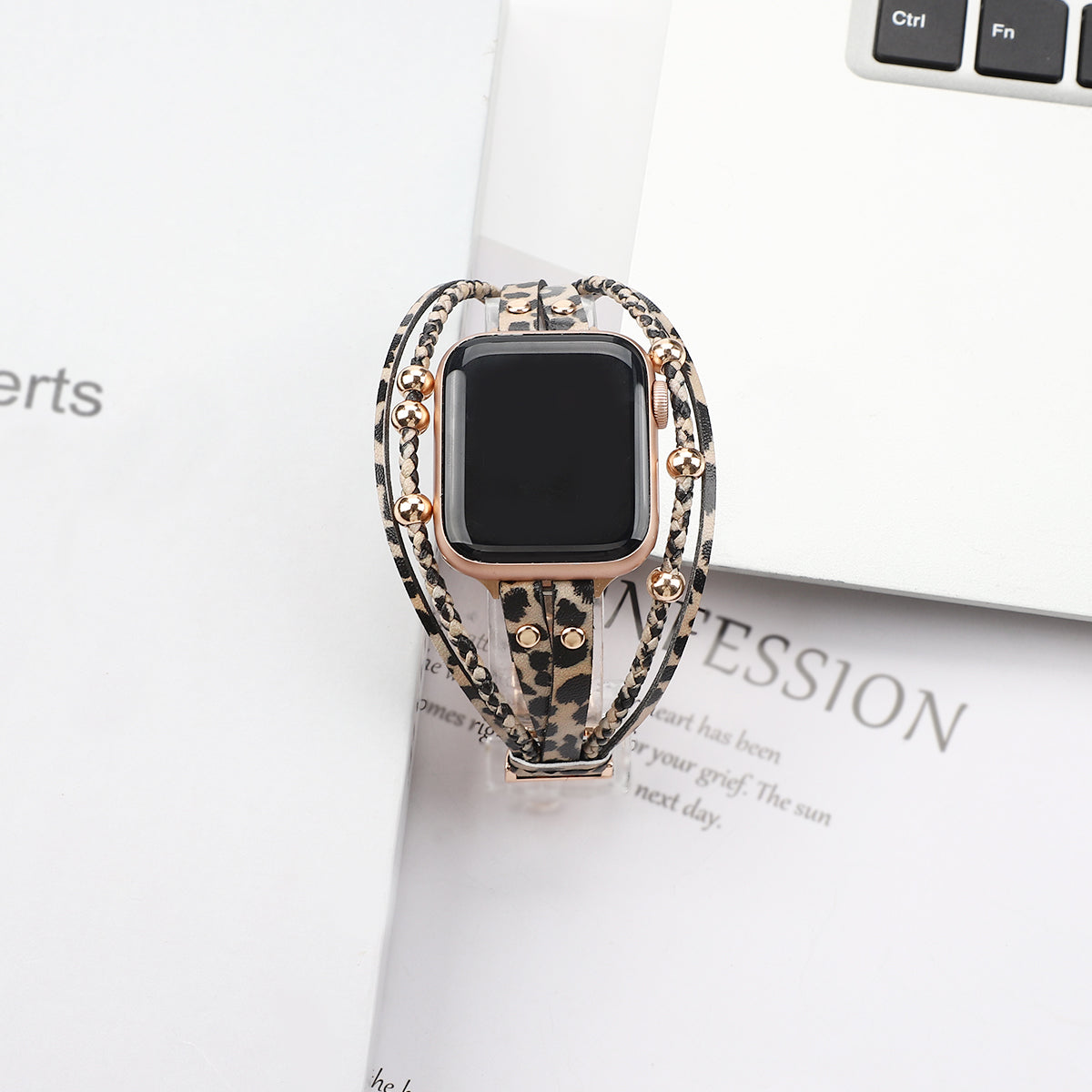 For Apple Watch Series Ultra 2 Ultra 49mm  /  9 8 7 45mm  /  6 5 4 SE SE(2022) SE(2023) 44mm  /  3 2 1 42mm Watch Strap - Leopard Rose Gold Bead