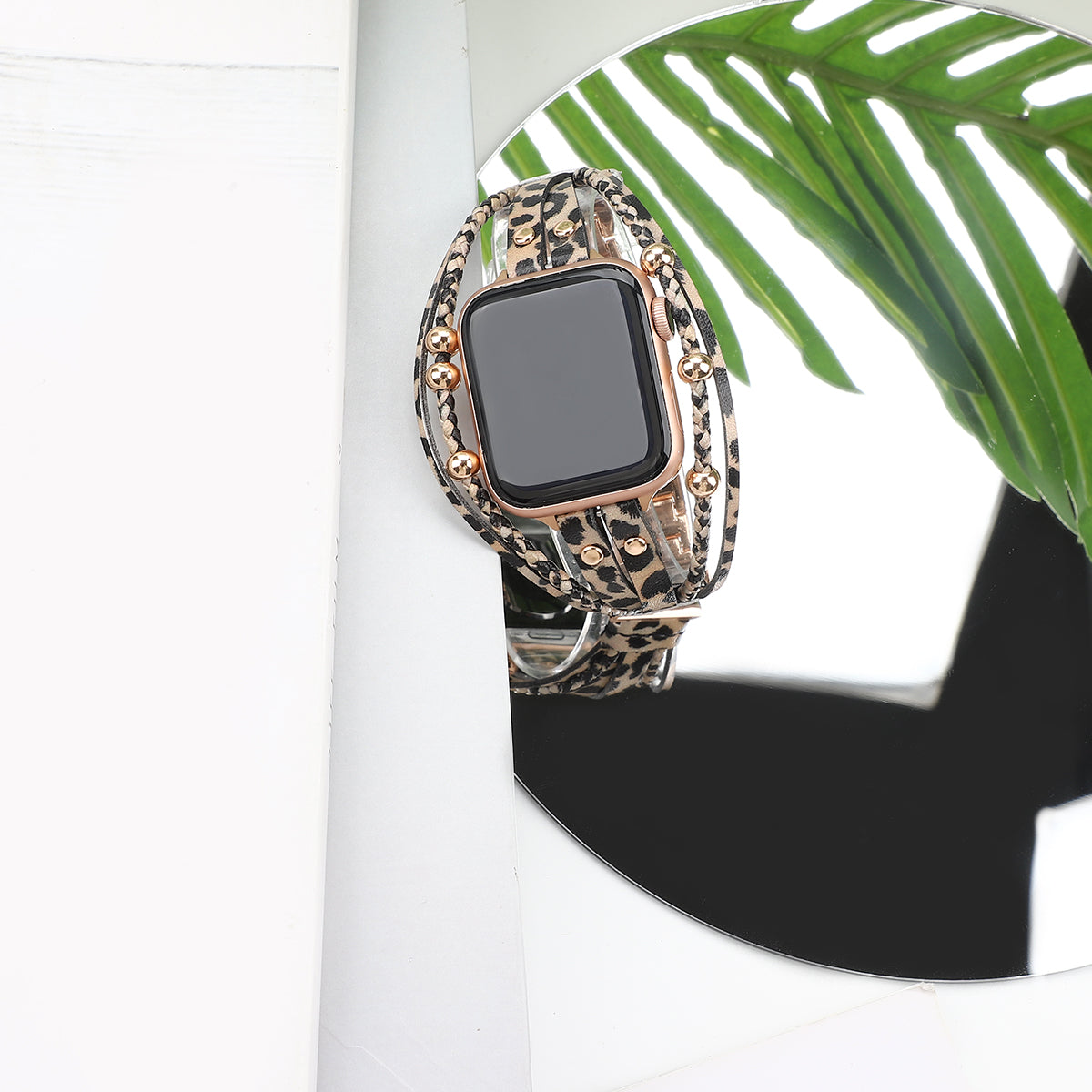 For Apple Watch Series Ultra 2 Ultra 49mm  /  9 8 7 45mm  /  6 5 4 SE SE(2022) SE(2023) 44mm  /  3 2 1 42mm Watch Strap - Leopard Rose Gold Bead