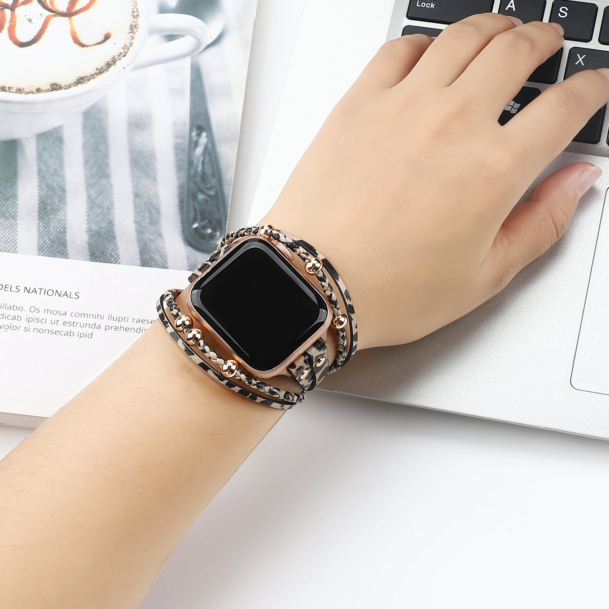For Apple Watch Series Ultra 2 Ultra 49mm  /  9 8 7 45mm  /  6 5 4 SE SE(2022) SE(2023) 44mm  /  3 2 1 42mm Watch Strap - Leopard Rose Gold Bead