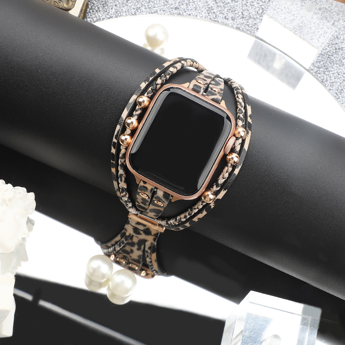 For Apple Watch Series Ultra 2 Ultra 49mm  /  9 8 7 45mm  /  6 5 4 SE SE(2022) SE(2023) 44mm  /  3 2 1 42mm Watch Strap - Leopard Rose Gold Bead