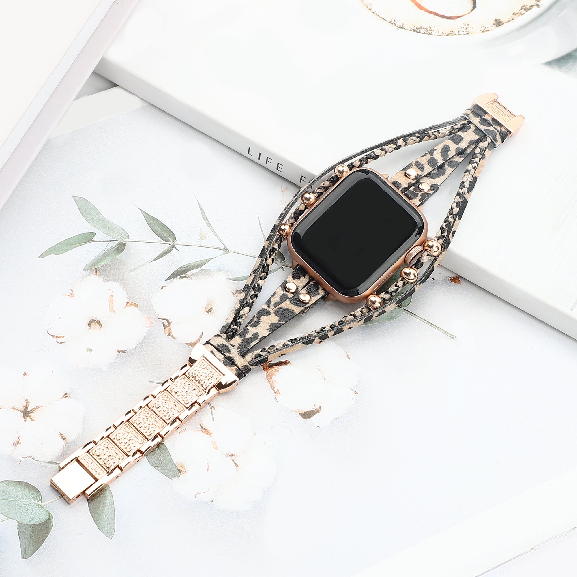 For Apple Watch Series Ultra 2 Ultra 49mm  /  9 8 7 45mm  /  6 5 4 SE SE(2022) SE(2023) 44mm  /  3 2 1 42mm Watch Strap - Leopard Rose Gold Bead