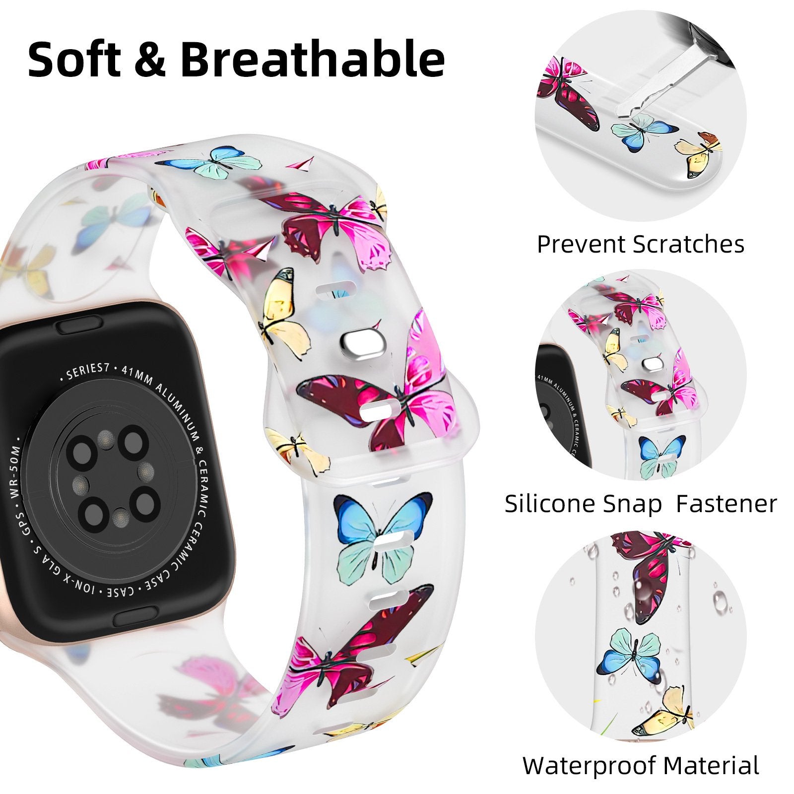 For Apple Watch Series 9 8 7 41mm / 6 5 4 SE (2022) SE (2023) SE 40mm / 3 2 1 38mm Watch Band Butterfly Printing