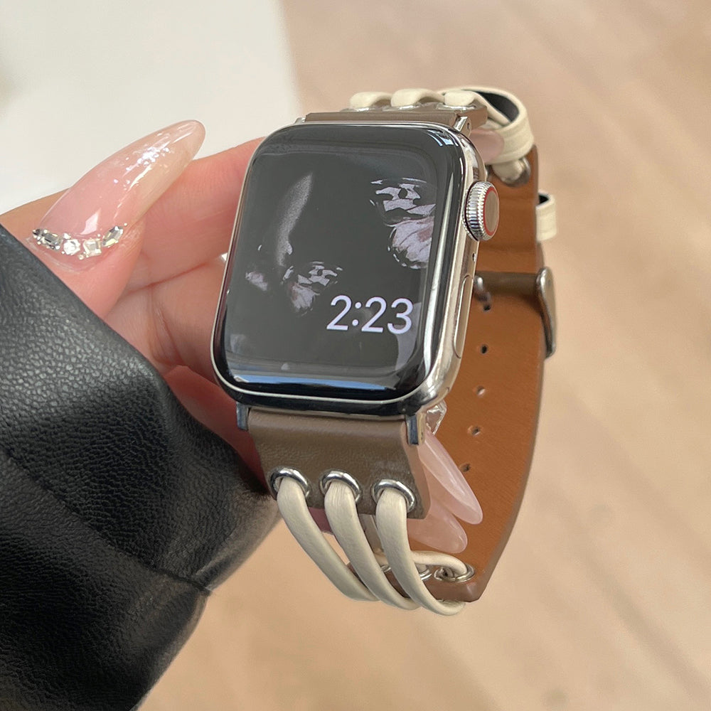 For Apple Watch Ultra 2 Ultra 49mm / 9 8 7 45mm / 6 5 4 SE (2023) SE (2022) SE 44mm / 3 2 1 42mm Genuine Cow Leather Strap Bracelet - White / Coffee
