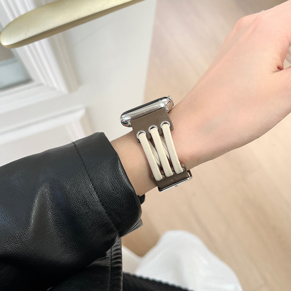 For Apple Watch Ultra 2 Ultra 49mm / 9 8 7 45mm / 6 5 4 SE (2023) SE (2022) SE 44mm / 3 2 1 42mm Genuine Cow Leather Strap Bracelet - White / Coffee