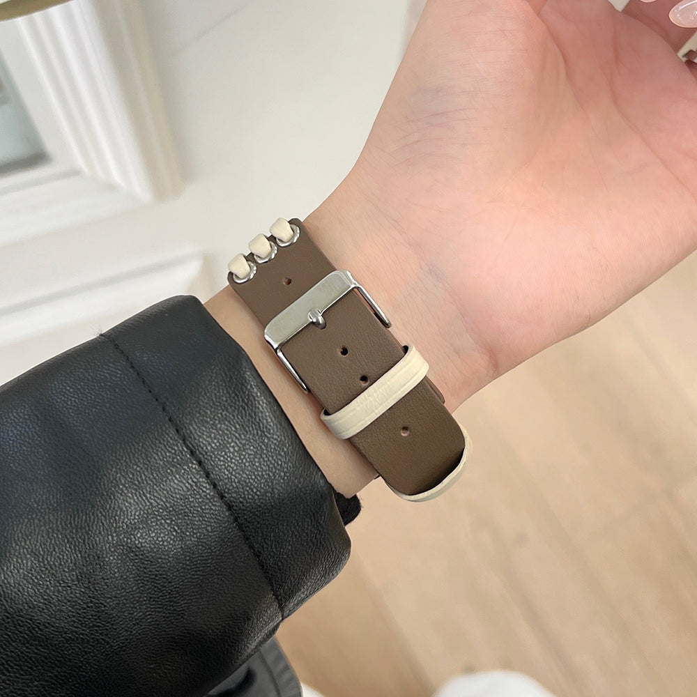 For Apple Watch Ultra 2 Ultra 49mm / 9 8 7 45mm / 6 5 4 SE (2023) SE (2022) SE 44mm / 3 2 1 42mm Genuine Cow Leather Strap Bracelet - White / Coffee