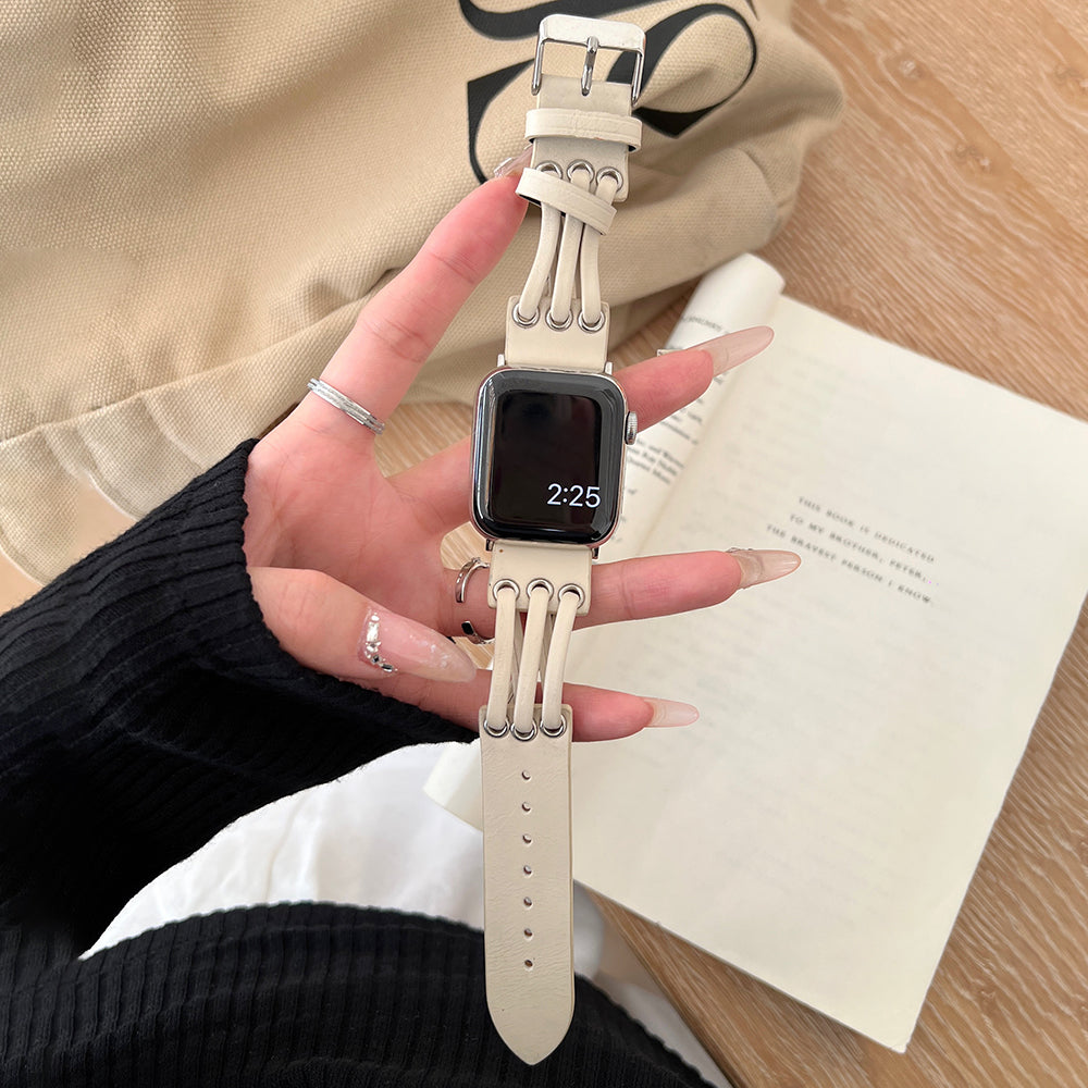 For Apple Watch Ultra 2 Ultra 49mm / 9 8 7 45mm / 6 5 4 SE (2023) SE (2022) SE 44mm / 3 2 1 42mm Genuine Cow Leather Strap Bracelet - White / Coffee