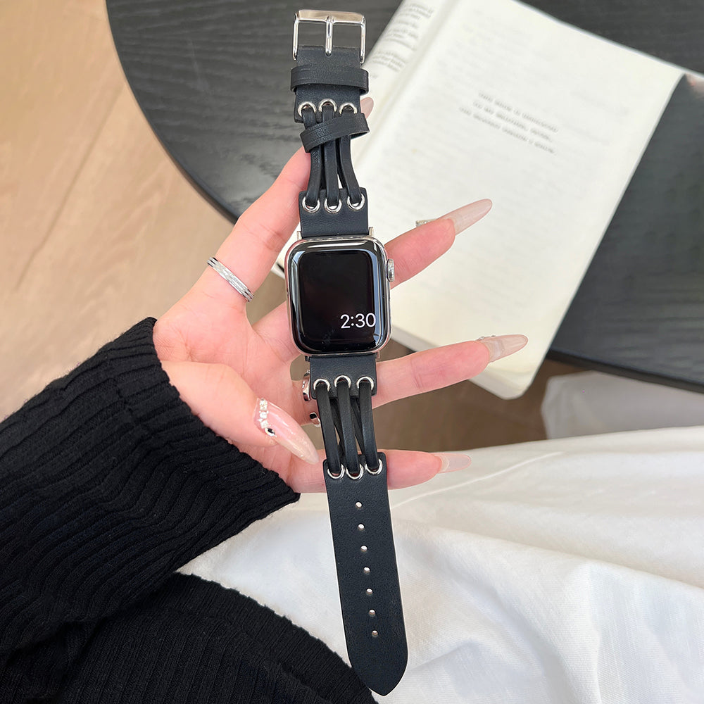 For Apple Watch Ultra 2 Ultra 49mm / 9 8 7 45mm / 6 5 4 SE (2023) SE (2022) SE 44mm / 3 2 1 42mm Genuine Cow Leather Strap Bracelet - White / Coffee