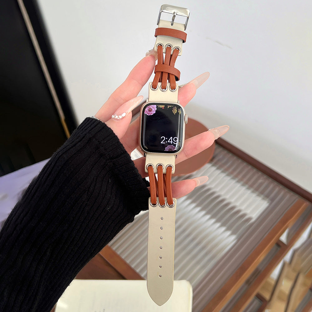For Apple Watch Ultra 2 Ultra 49mm / 9 8 7 45mm / 6 5 4 SE (2023) SE (2022) SE 44mm / 3 2 1 42mm Genuine Cow Leather Strap Bracelet - White / Coffee