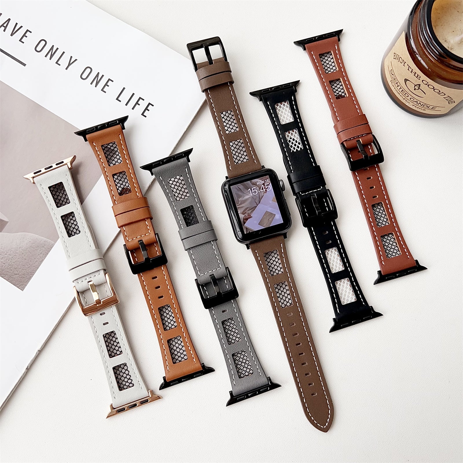 For Apple Watch Ultra 2 Ultra 49mm / 9 8 7 45mm / 6 5 4 SE (2023) SE (2022) SE 44mm / 3 2 1 42mm PU Leather Mesh Watch Straps - Coffee