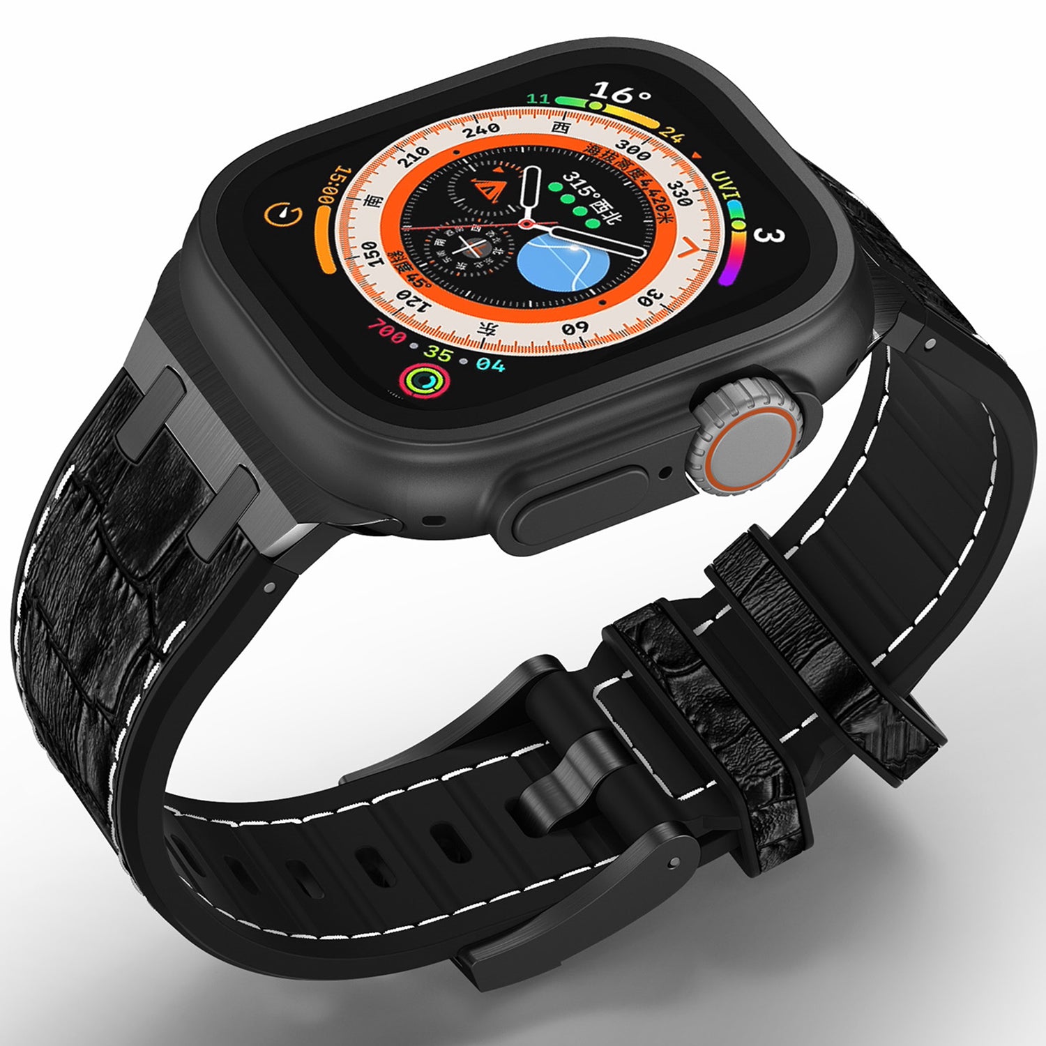 For Apple Watch Ultra 2 Ultra 49mm  /  Series 9 8 7 45mm  /  SE (2023) SE (2022) SE 6 5 4 44mm  /  3 2 1 42mm Watchband - Black Buckle+Black / White
