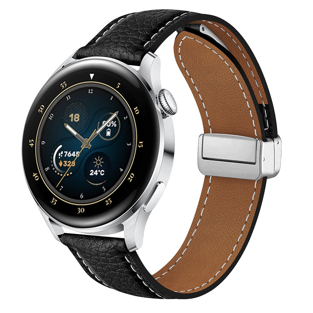 For Samsung Galaxy Watch3 45mm / Huawei Watch GT 4 46mm Leather Strap 22mm Magnetic Watch Band - Black