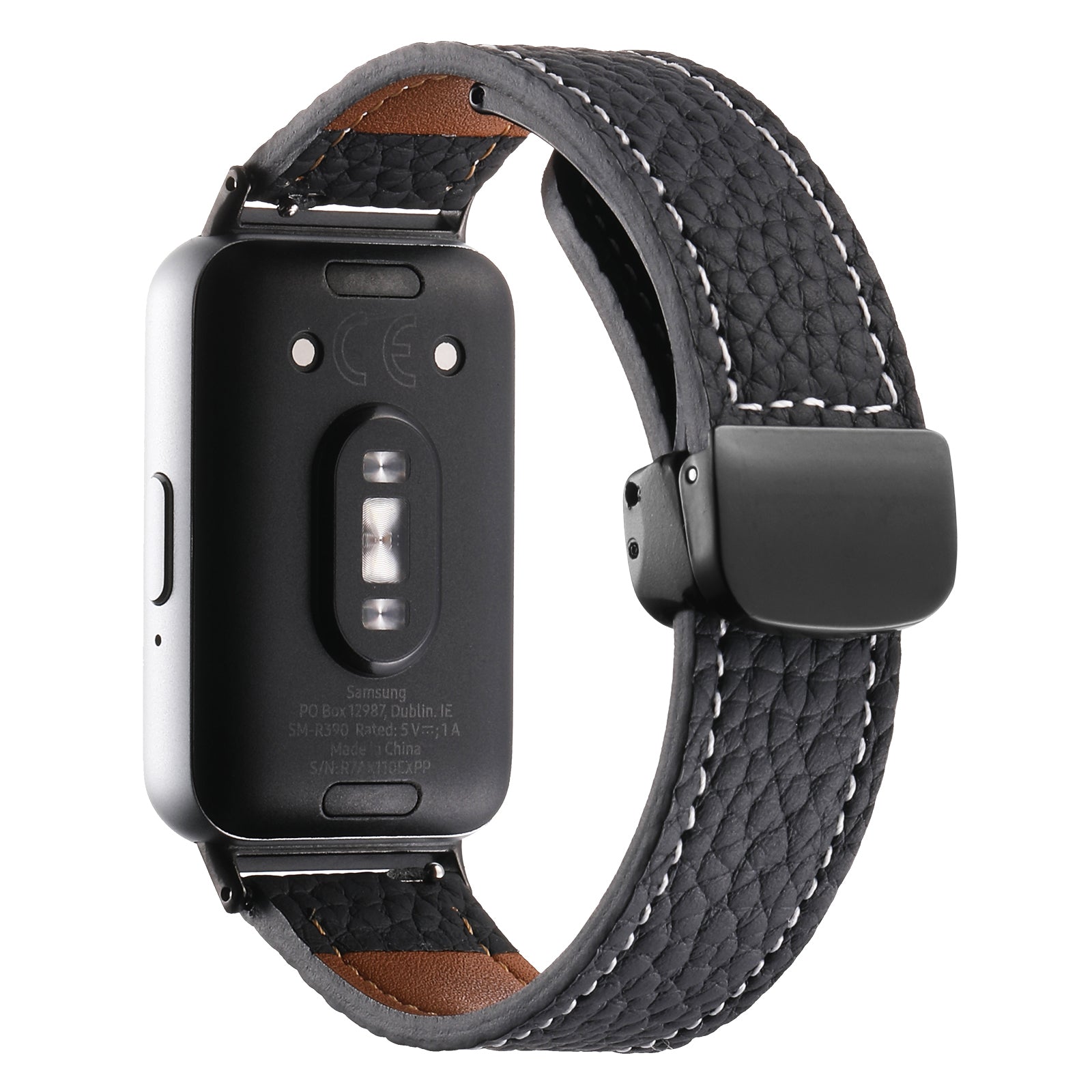 For Samsung Galaxy Fit3 Watch Strap Litchi Texture Genuine Cow Leather Magnetic Band - Black