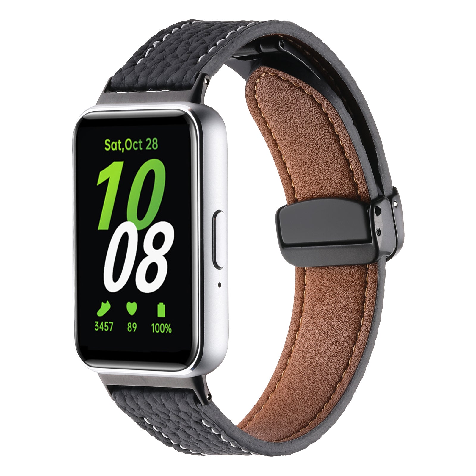 For Samsung Galaxy Fit3 Watch Strap Litchi Texture Genuine Cow Leather Magnetic Band - Black