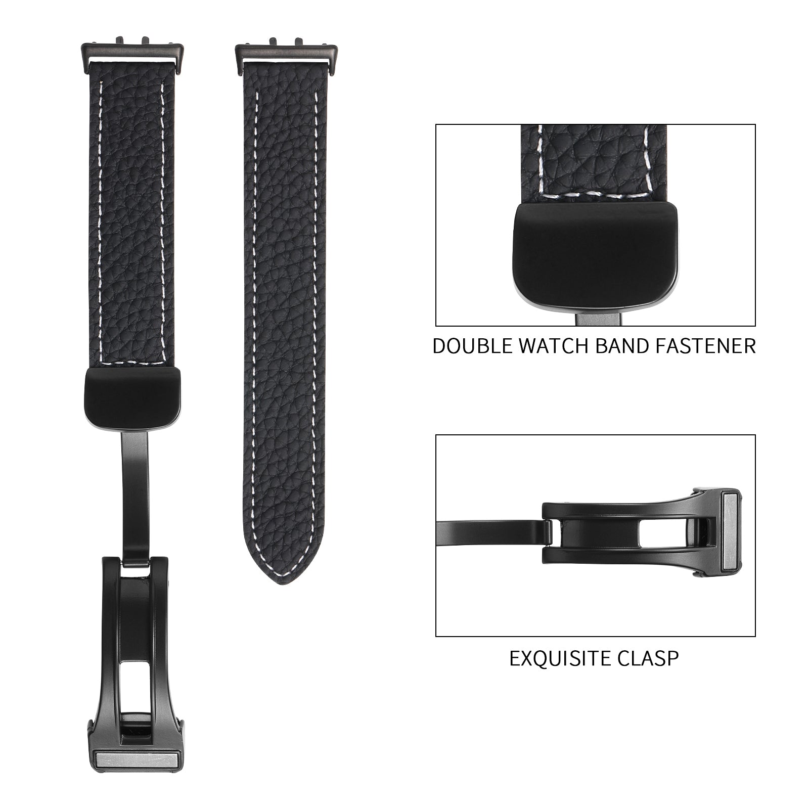 For Samsung Galaxy Fit3 Watch Strap Litchi Texture Genuine Cow Leather Magnetic Band - Black