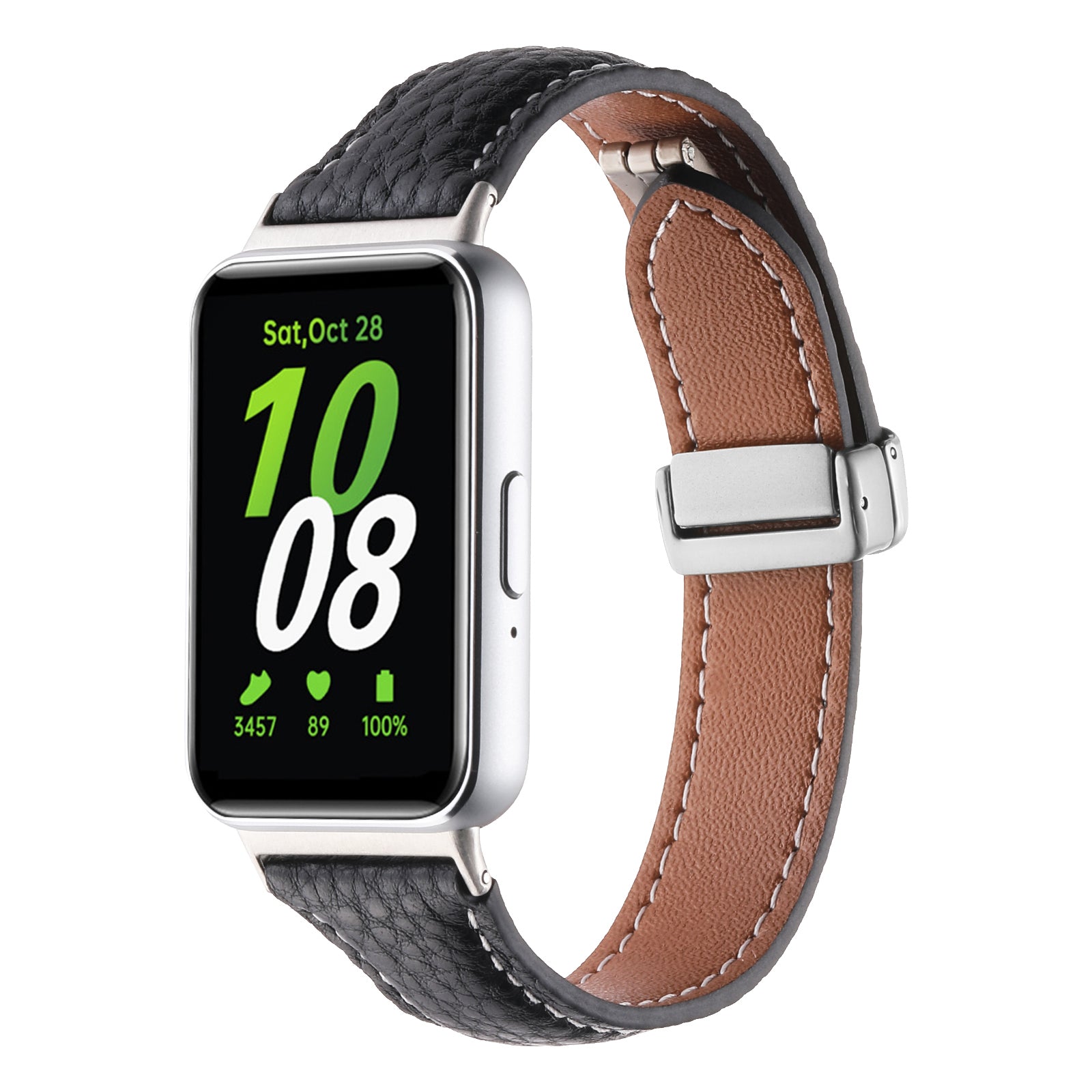 For Samsung Galaxy Fit3 Watch Band Slim Genuine Cow Leather Magnetic Replacement Strap - Black