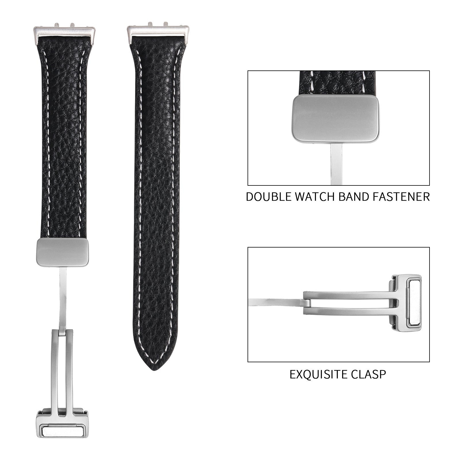 For Samsung Galaxy Fit3 Watch Band Slim Genuine Cow Leather Magnetic Replacement Strap - Black