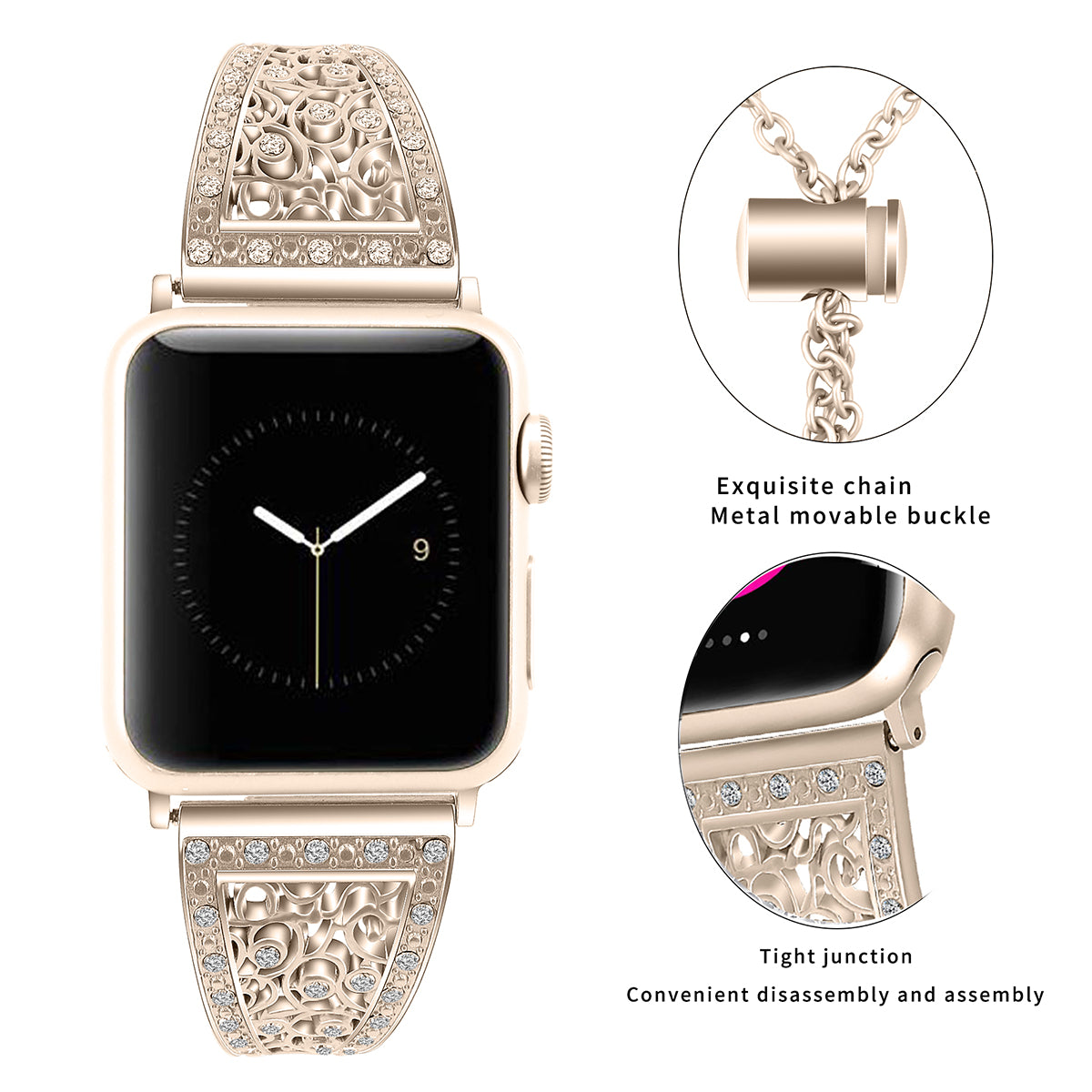 For Apple Watch Ultra 49mm / Ultra 2 49mm / Series 9 / 8 / 7 45mm / 6 / 5 / 4 / SE / SE (2022) / SE (2023) 44mm / 3 / 2 / 1 42mm Floral Slider Bracelet Strap - Retro Gold