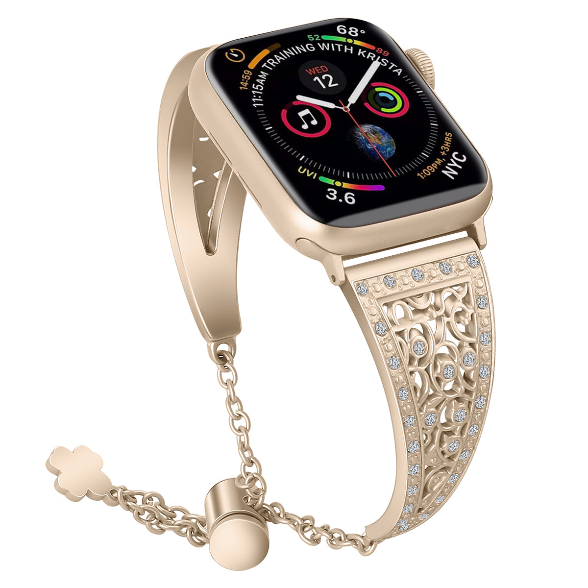 For Apple Watch Ultra 49mm / Ultra 2 49mm / Series 9 / 8 / 7 45mm / 6 / 5 / 4 / SE / SE (2022) / SE (2023) 44mm / 3 / 2 / 1 42mm Floral Slider Bracelet Strap - Retro Gold