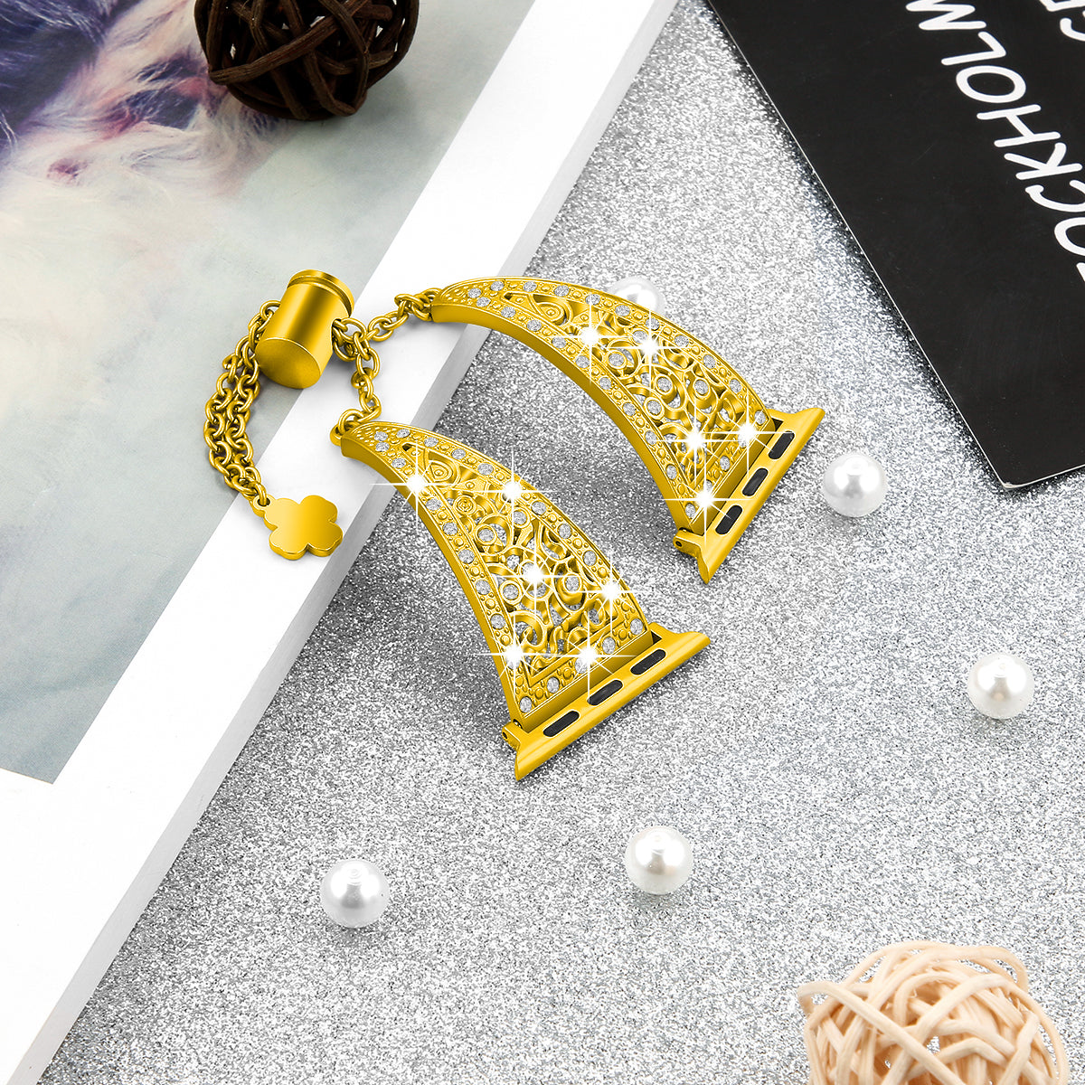 For Apple Watch Ultra 49mm / Ultra 2 49mm / Series 9 / 8 / 7 45mm / 6 / 5 / 4 / SE / SE (2022) / SE (2023) 44mm / 3 / 2 / 1 42mm Floral Slider Bracelet Strap - Retro Gold