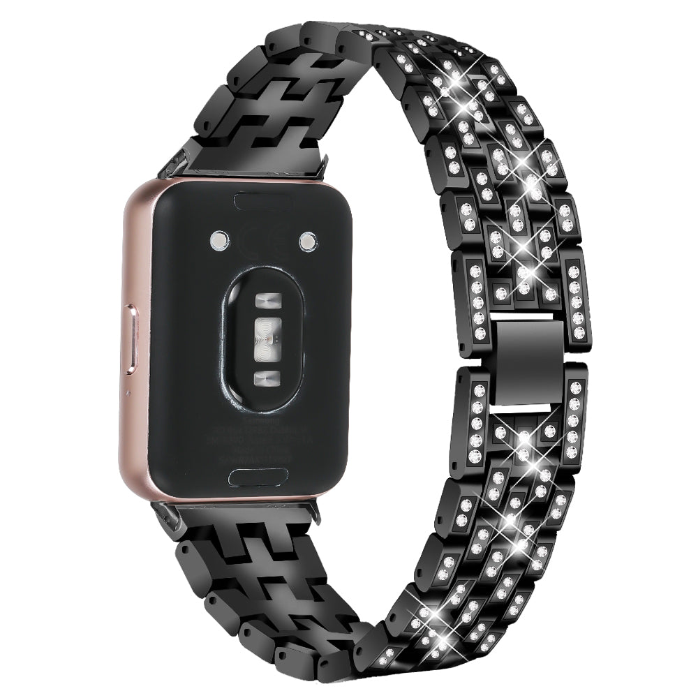 For Samsung Galaxy Fit3 SM-R390 Metal Watch Band Rhinestone Decor 5-Bead Wrist Strap - Black