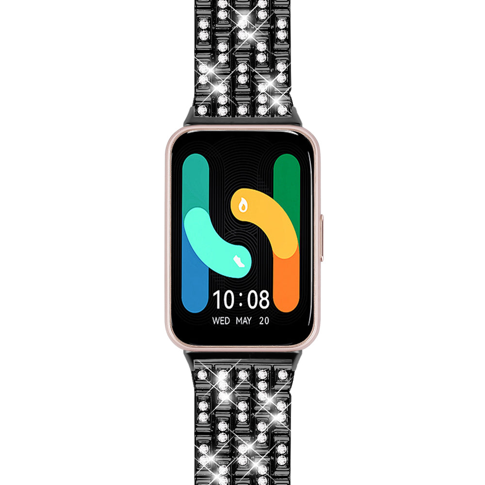 For Samsung Galaxy Fit3 SM-R390 Metal Watch Band Rhinestone Decor 5-Bead Wrist Strap - Black