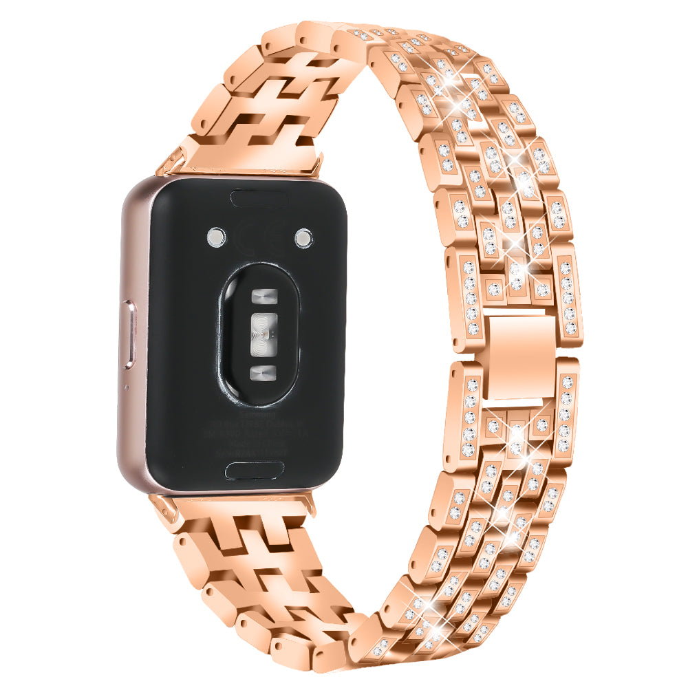 For Samsung Galaxy Fit3 SM-R390 Metal Watch Band Rhinestone Decor 5-Bead Wrist Strap - Black