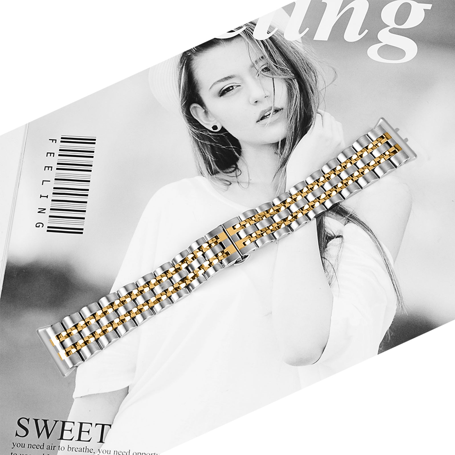 For Samsung Galaxy Fit3 SM-R390 Watch Strap High-Strength Stainless Steel Wrist Band - Silver+Gold