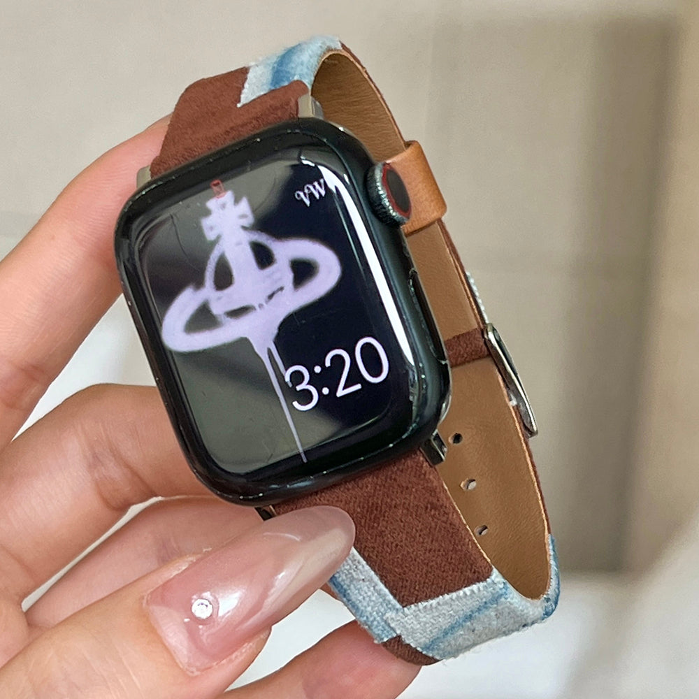 For Apple Watch Ultra 2 Ultra 49mm / 9 8 7 45mm / 6 5 4 SE (2023) SE (2022) SE 44mm / 3 2 1 42mm Denim+PU Leather Wrist Band - Blue Dyeing+Brown