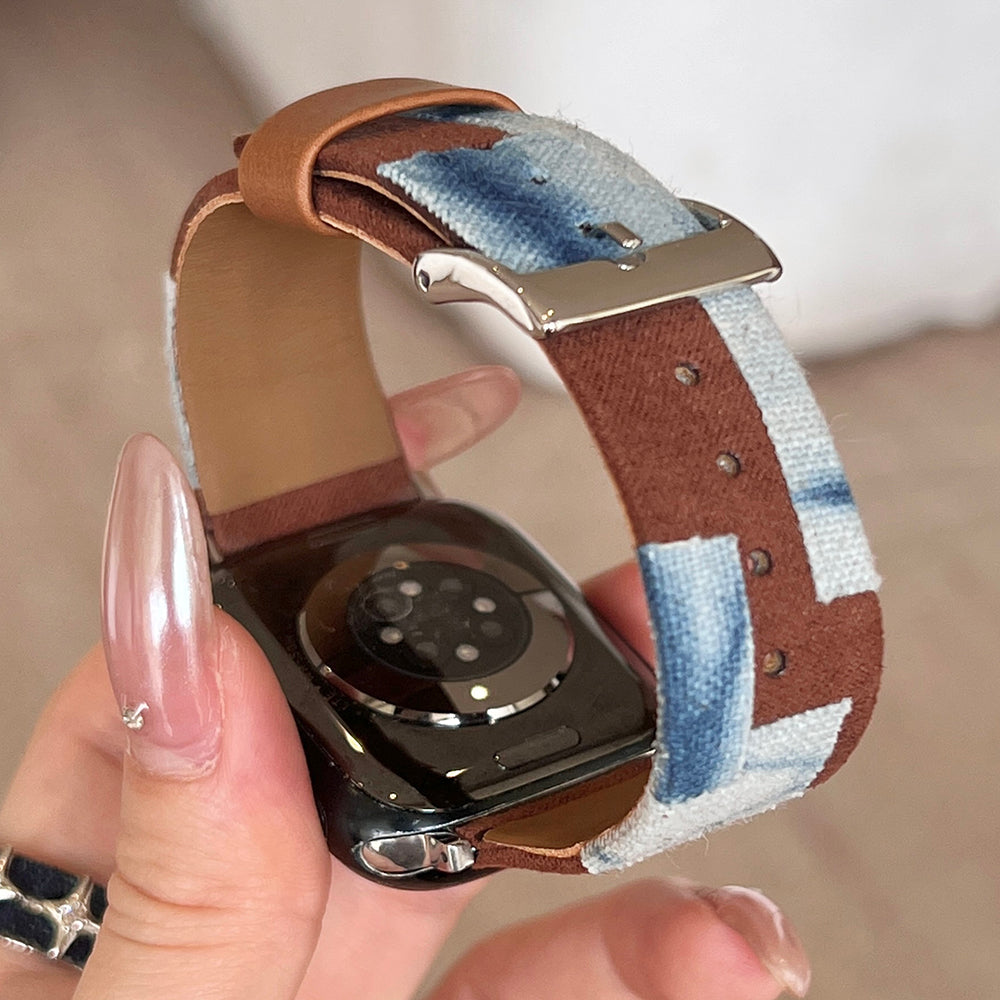 For Apple Watch Ultra 2 Ultra 49mm / 9 8 7 45mm / 6 5 4 SE (2023) SE (2022) SE 44mm / 3 2 1 42mm Denim+PU Leather Wrist Band - Blue Dyeing+Brown