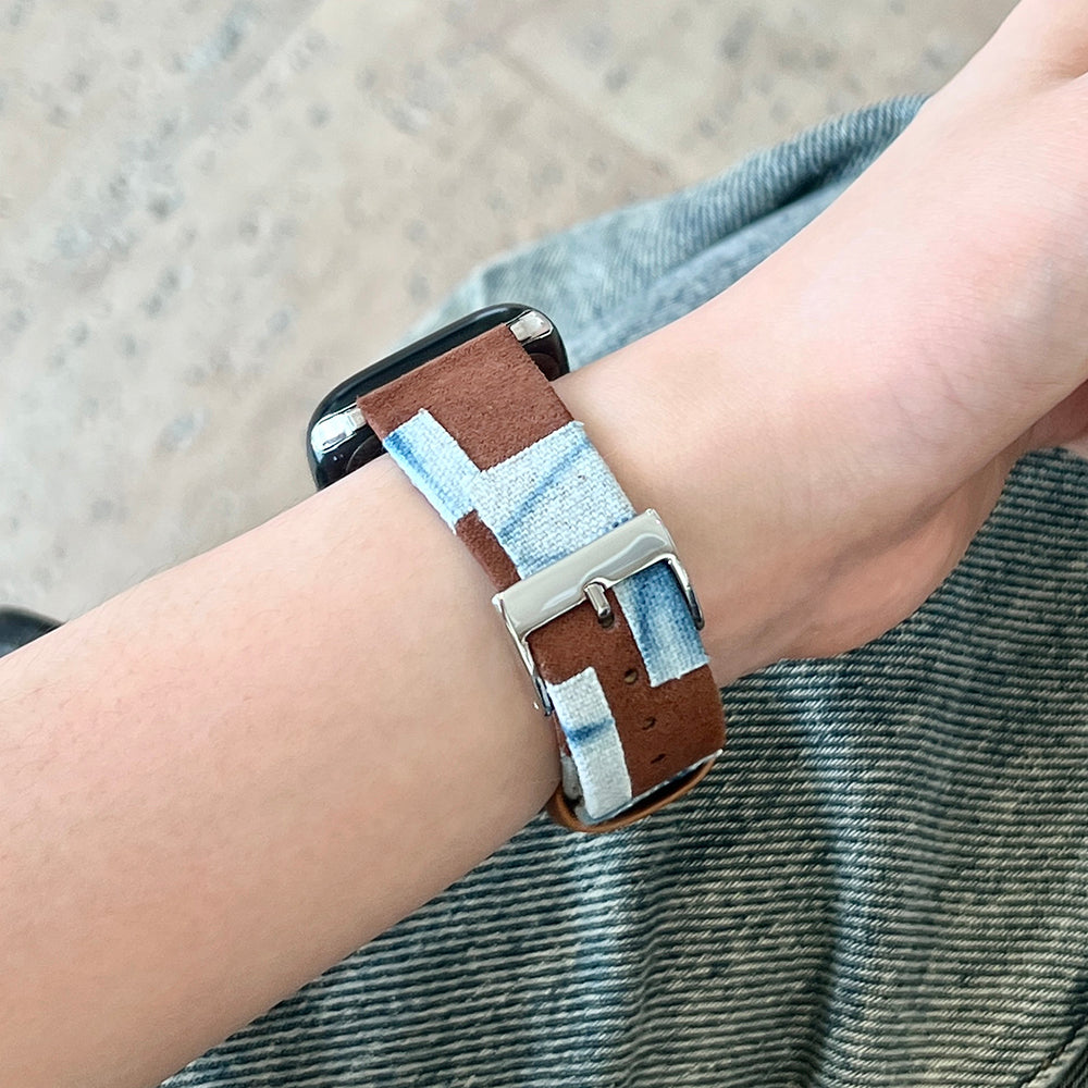 For Apple Watch Ultra 2 Ultra 49mm / 9 8 7 45mm / 6 5 4 SE (2023) SE (2022) SE 44mm / 3 2 1 42mm Denim+PU Leather Wrist Band - Blue Dyeing+Brown