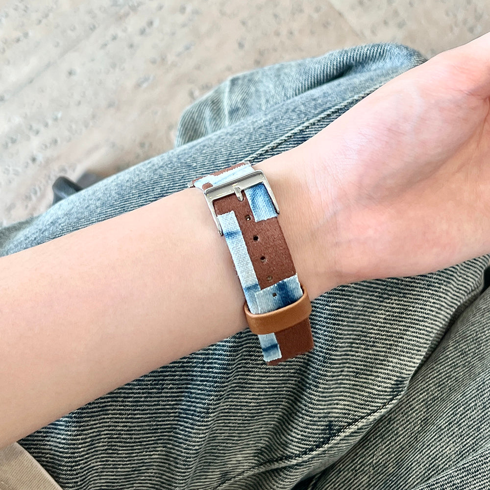 For Apple Watch Ultra 2 Ultra 49mm / 9 8 7 45mm / 6 5 4 SE (2023) SE (2022) SE 44mm / 3 2 1 42mm Denim+PU Leather Wrist Band - Blue Dyeing+Brown