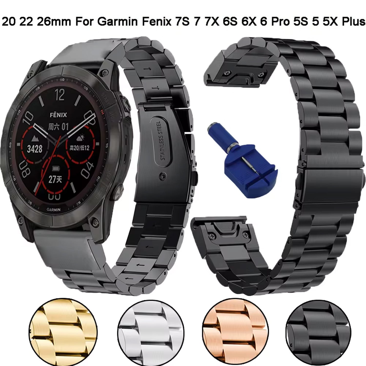 For Garmin QuickFit 26mm / Garmin Fenix 7X / 7X Pro / 6X Stainless Steel Strap 3 Beads Watch Band - Silver