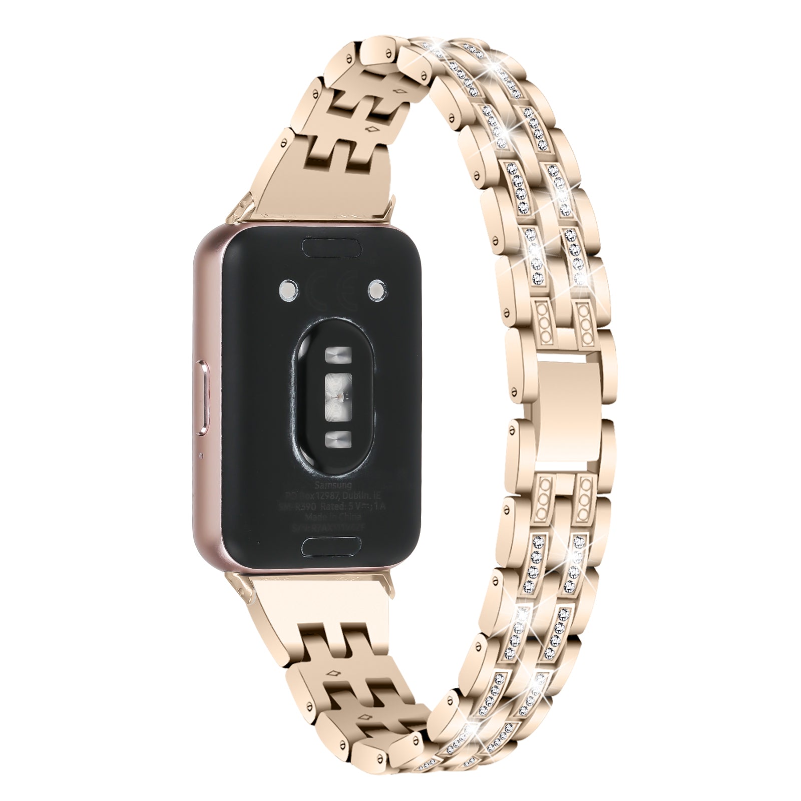 For Samsung Galaxy Fit3 SM-R390 Women Replacement 2 Rows Rhinestone Metal Watch Band Strap - Retro Gold