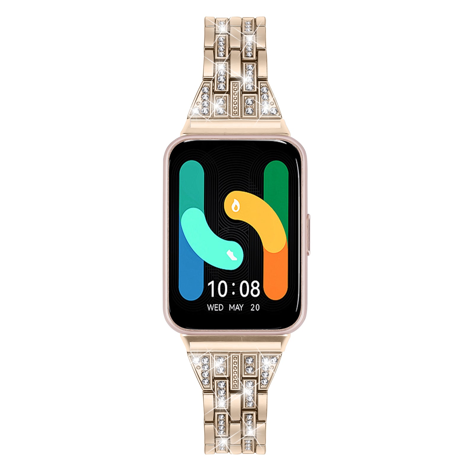 For Samsung Galaxy Fit3 SM-R390 Women Replacement 2 Rows Rhinestone Metal Watch Band Strap - Retro Gold