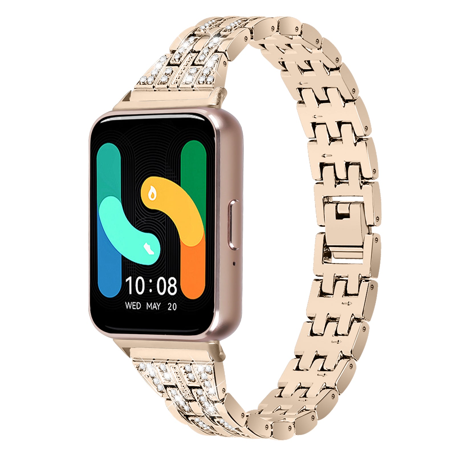 For Samsung Galaxy Fit3 SM-R390 Women Replacement 2 Rows Rhinestone Metal Watch Band Strap - Retro Gold