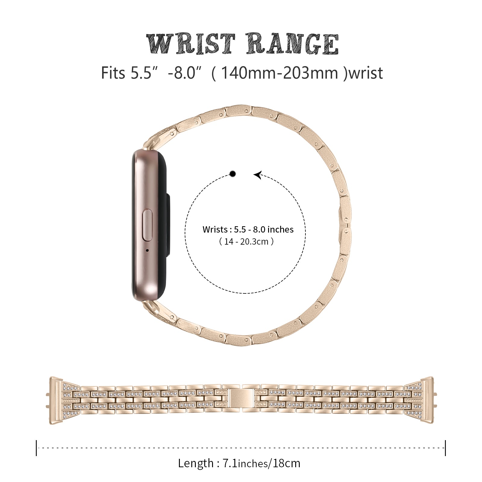 For Samsung Galaxy Fit3 SM-R390 Women Replacement 2 Rows Rhinestone Metal Watch Band Strap - Retro Gold