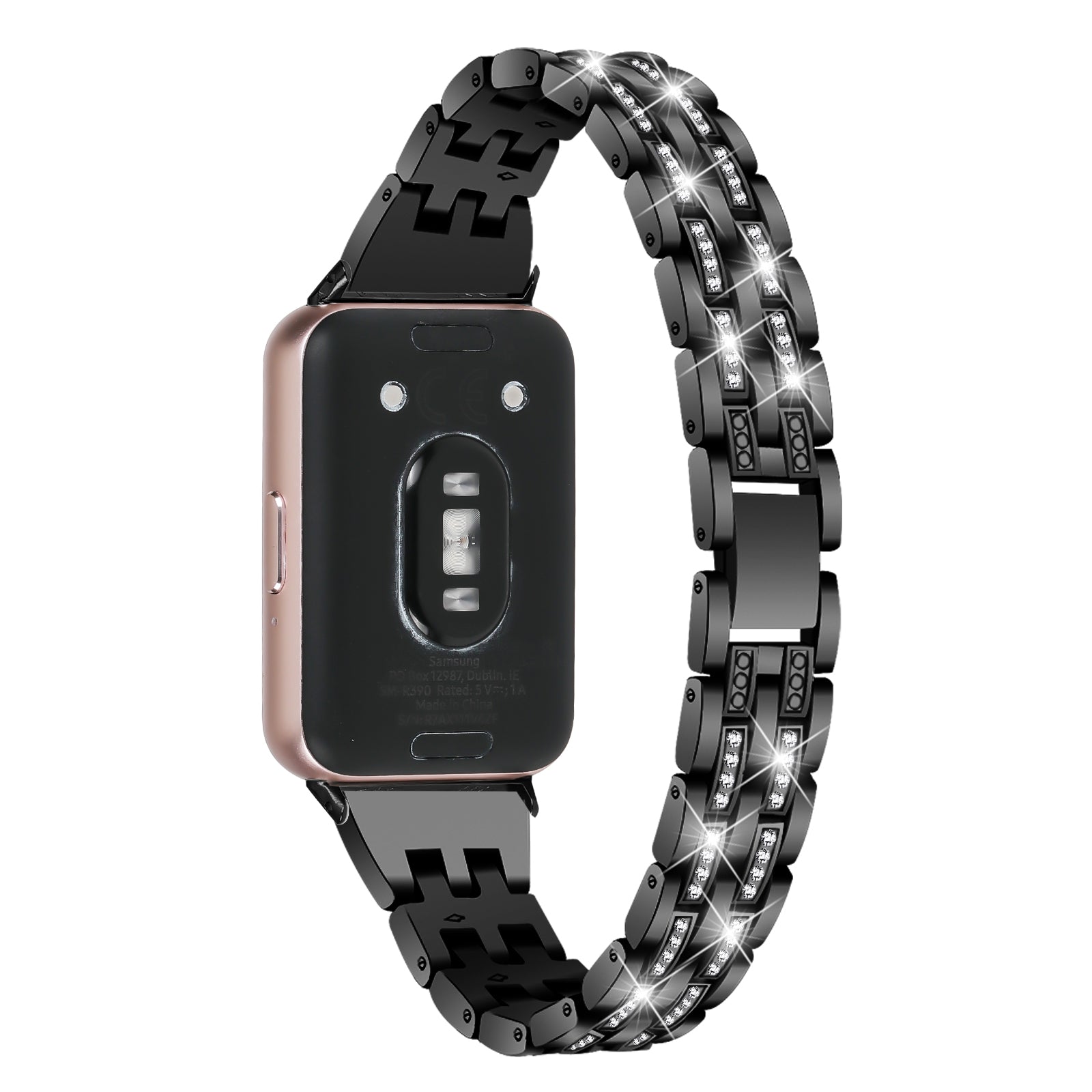 For Samsung Galaxy Fit3 SM-R390 Women Replacement 2 Rows Rhinestone Metal Watch Band Strap - Retro Gold