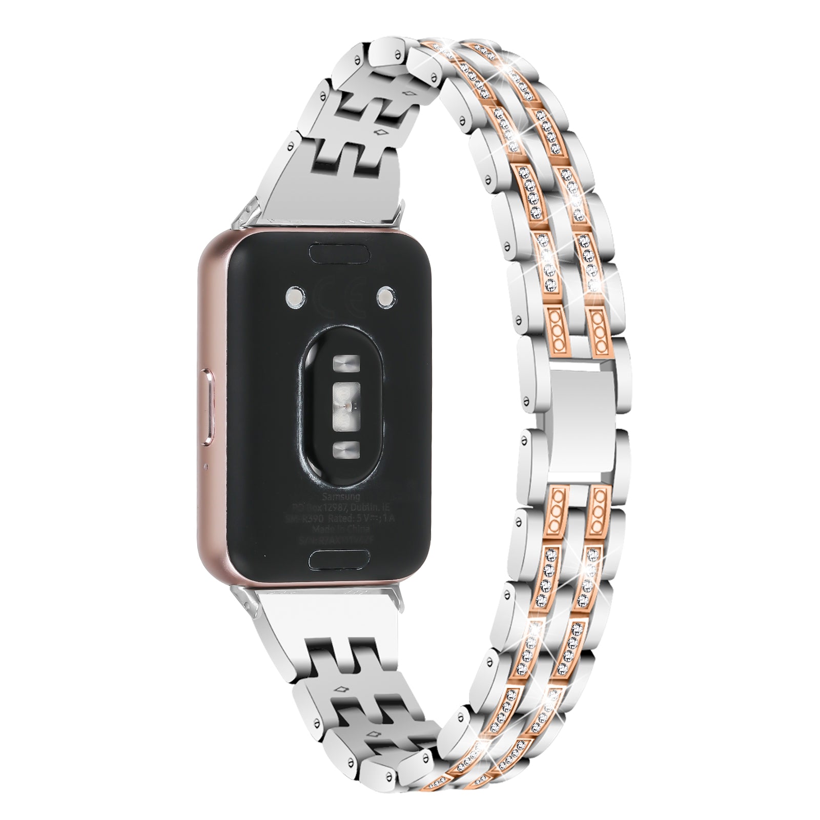 For Samsung Galaxy Fit3 SM-R390 Women Replacement 2 Rows Rhinestone Metal Watch Band Strap - Retro Gold