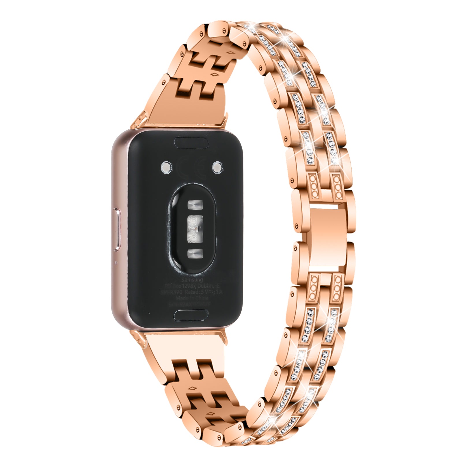 For Samsung Galaxy Fit3 SM-R390 Women Replacement 2 Rows Rhinestone Metal Watch Band Strap - Retro Gold