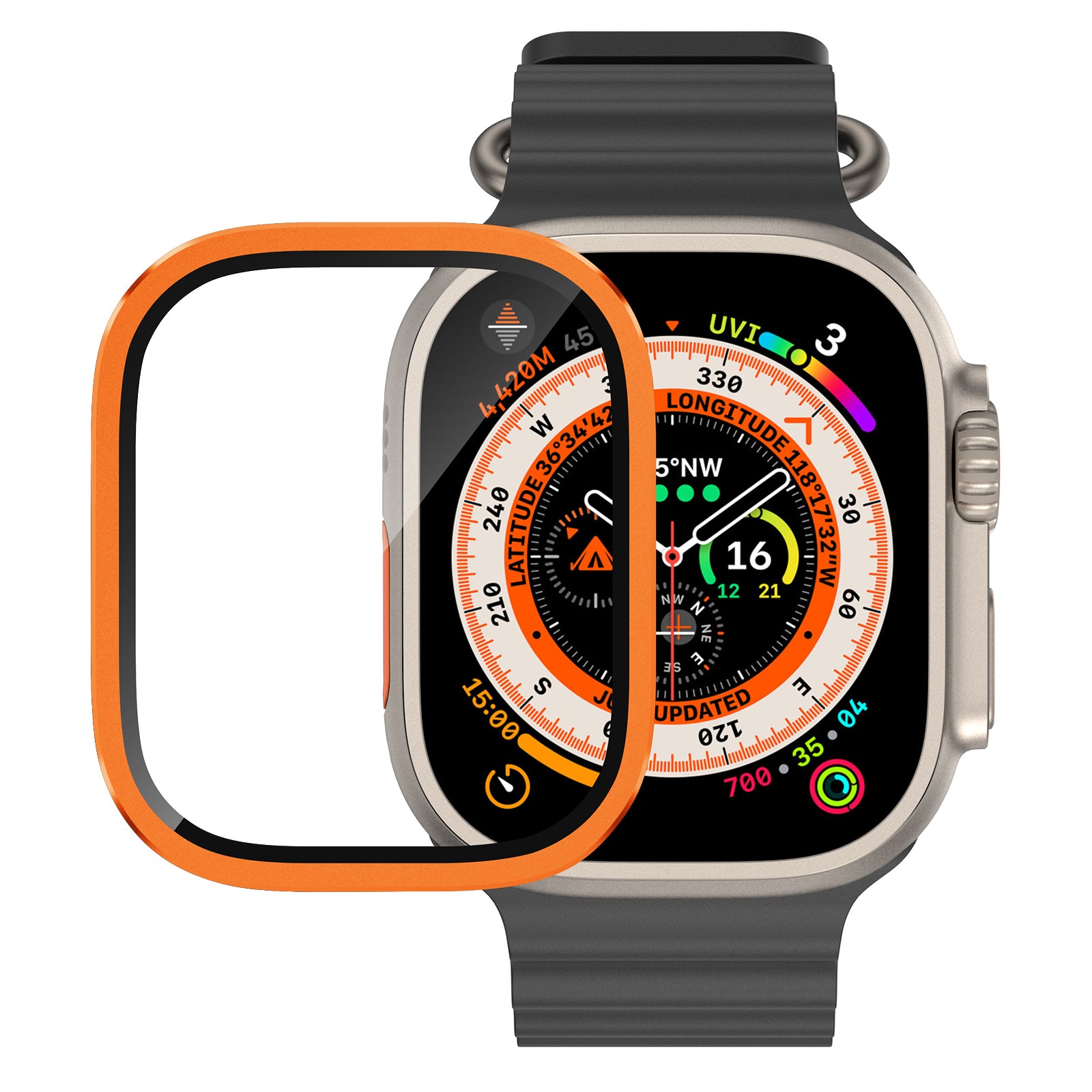 For Apple Watch Ultra 49mm / Ultra 2 49mm Case Aluminum Alloy Watch Cover with Tempered Glass Film - Orange