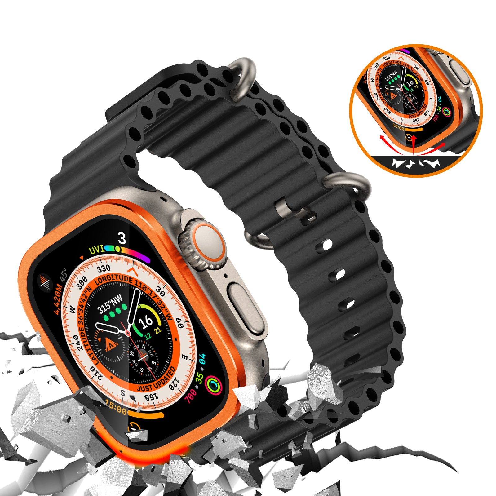 For Apple Watch Ultra 49mm / Ultra 2 49mm Case Aluminum Alloy Watch Cover with Tempered Glass Film - Orange